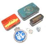 Old Car Tins, Badges, Castrol, Ford Cortina Keyring Etc.