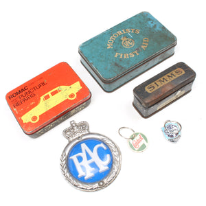 Old Car Tins, Badges, Castrol, Ford Cortina Keyring Etc.