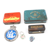 Old Car Tins, Badges, Castrol, Ford Cortina Keyring Etc.