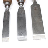 3x Old Registered Mortice Chisels - 3/4", 1", 1 1/4" (Ash) - OldTools.co.uk