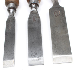 3x Old Registered Mortice Chisels - 3/4", 1", 1 1/4" (Ash) - OldTools.co.uk