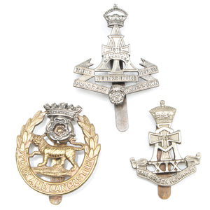 3x Old Yorkshire / Lancashire Cap Badges - OldTools.co.uk