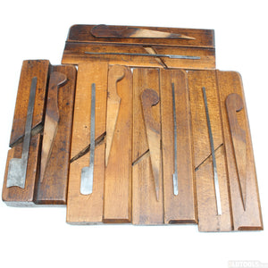 9x Old Early Madox Wooden Hollow & Round Planes C. 1748-1775 (Beech) - OldTools.co.uk