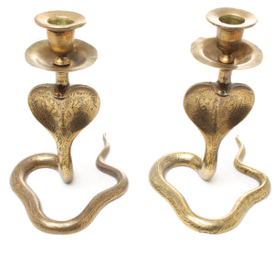 SOLD - 2x Old Brass Cobra Candle-Stick Holders